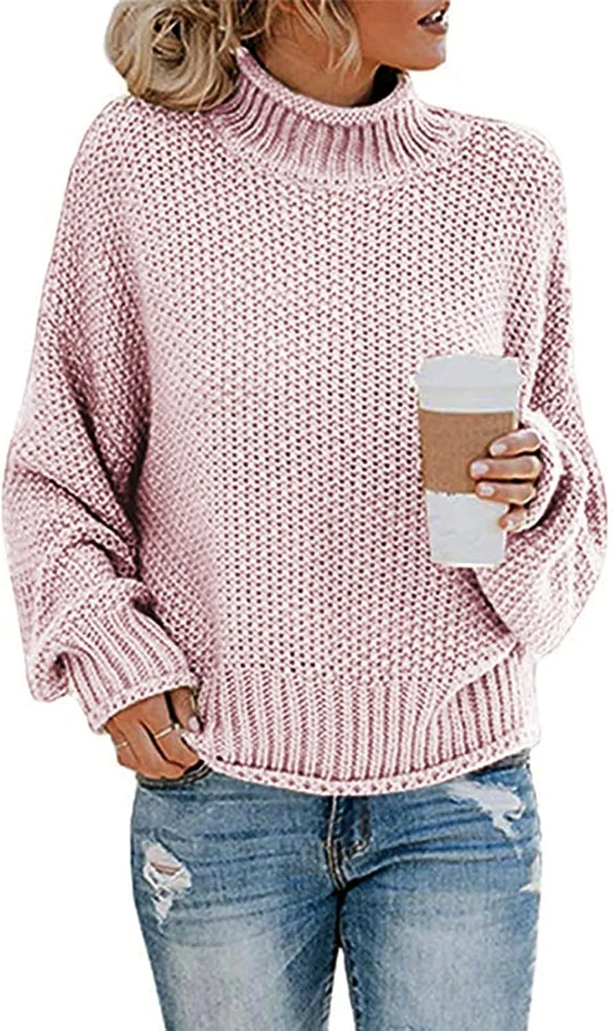 Women Mock Neck Long Batwing Sleeve Sweaters Trending 2023 Fall Winter Clothes Chunky Cable Knit Pullover