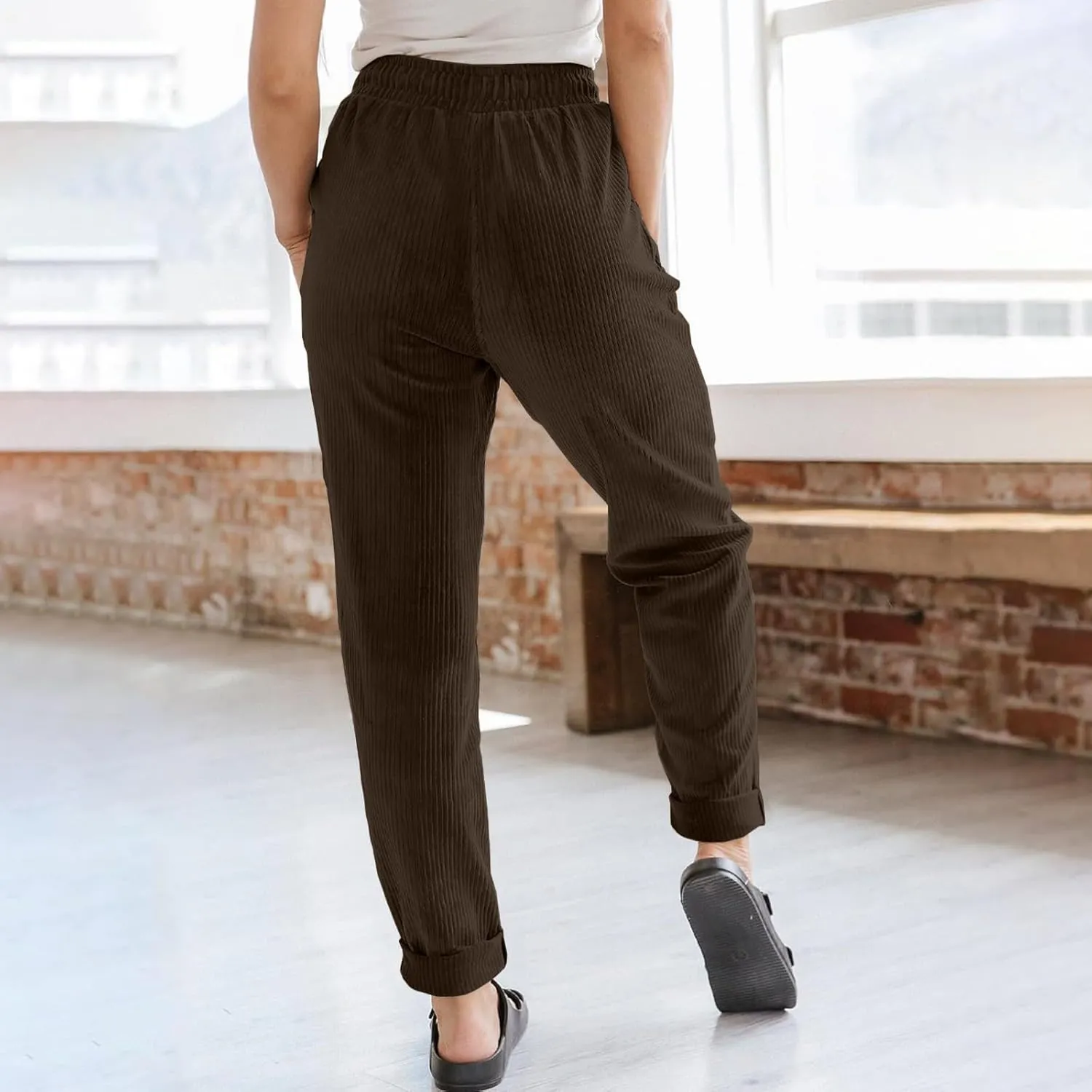 Womens Corduroy Pants Straight Leg Trouser Pants Elastic Waist Relaxed Fit Comfy Casual Work Pants with Pockets