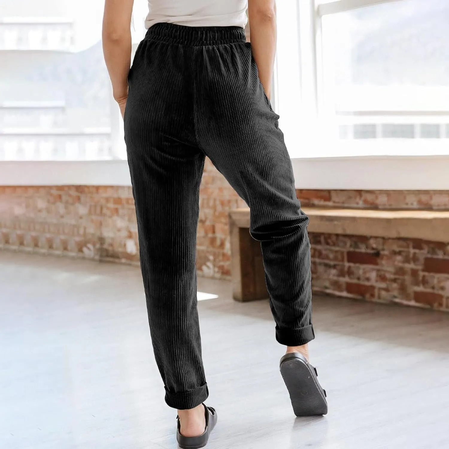 Womens Corduroy Pants Straight Leg Trouser Pants Elastic Waist Relaxed Fit Comfy Casual Work Pants with Pockets