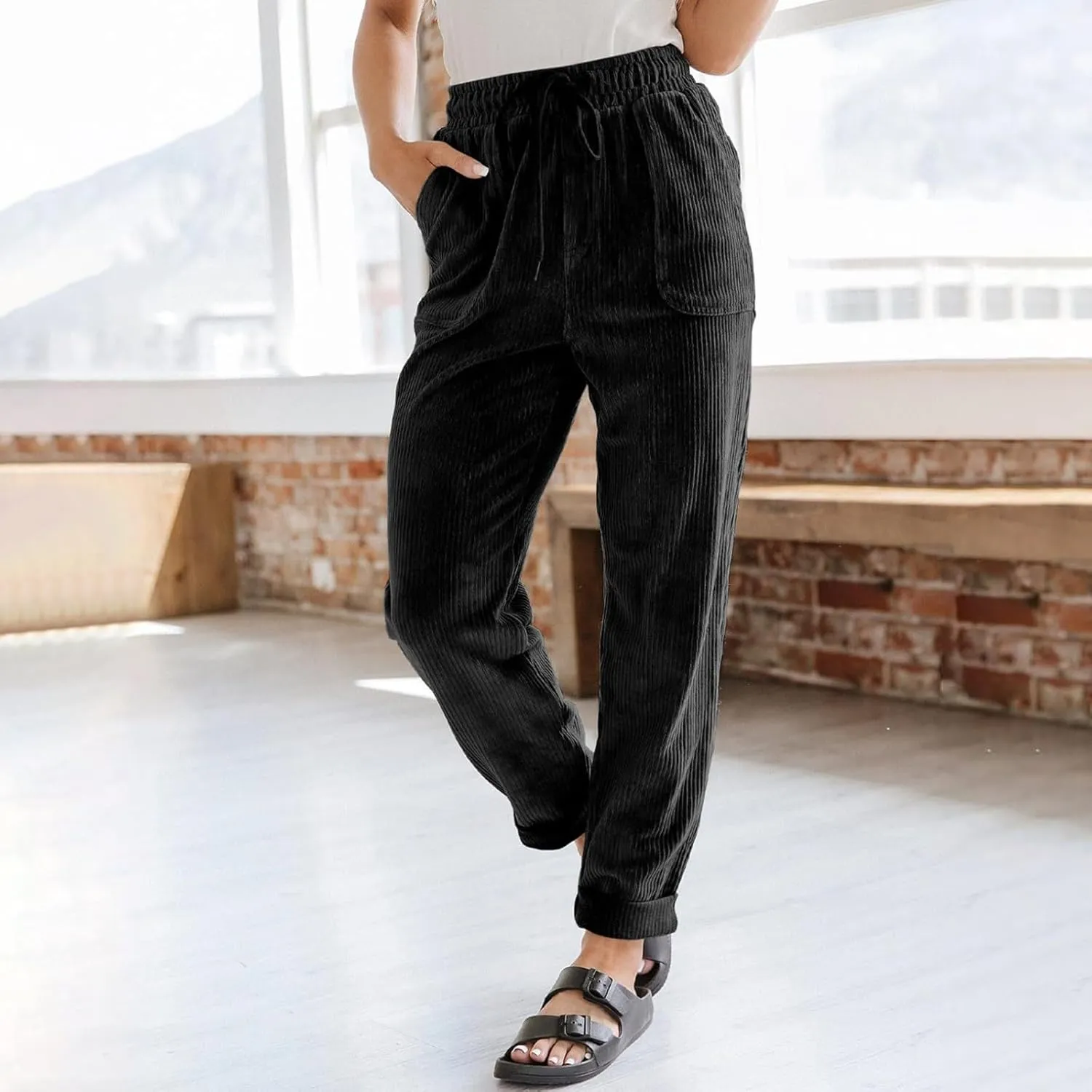 Womens Corduroy Pants Straight Leg Trouser Pants Elastic Waist Relaxed Fit Comfy Casual Work Pants with Pockets