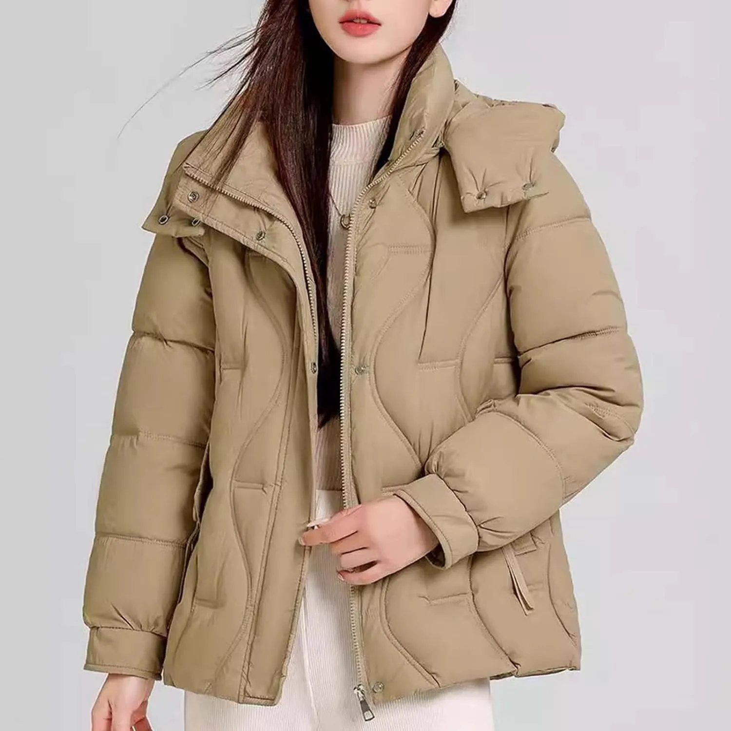 Women's Cropped Quilted Puffer Jackets Detachable Hooded Winter Coats Plus Size Down Jackets Warm Snowboard Outerwear