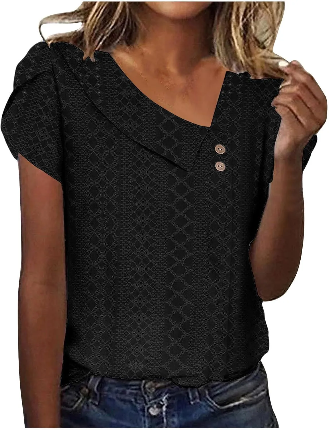 Womens Eyelet Tops Summer Casual Short Petal Sleeve Asymmetrical Neck Collared Button Front Blouses Hollow Out Tunic