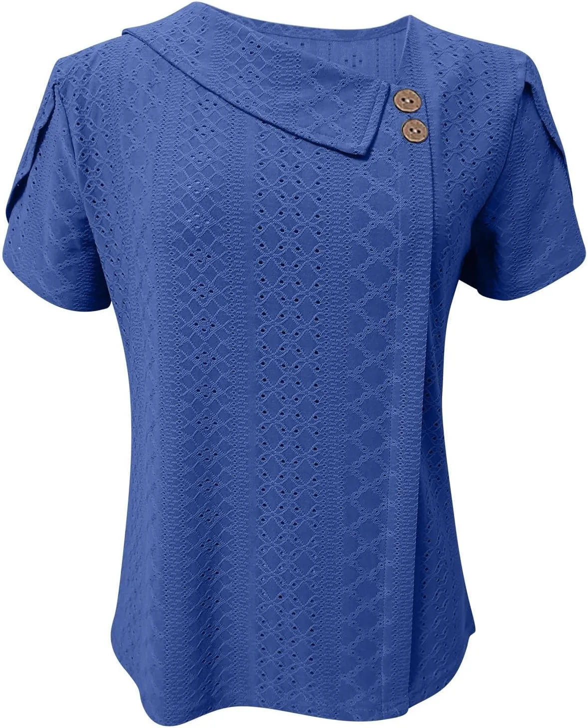 Womens Eyelet Tops Summer Casual Short Petal Sleeve Asymmetrical Neck Collared Button Front Blouses Hollow Out Tunic