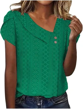 Womens Eyelet Tops Summer Casual Short Petal Sleeve Asymmetrical Neck Collared Button Front Blouses Hollow Out Tunic