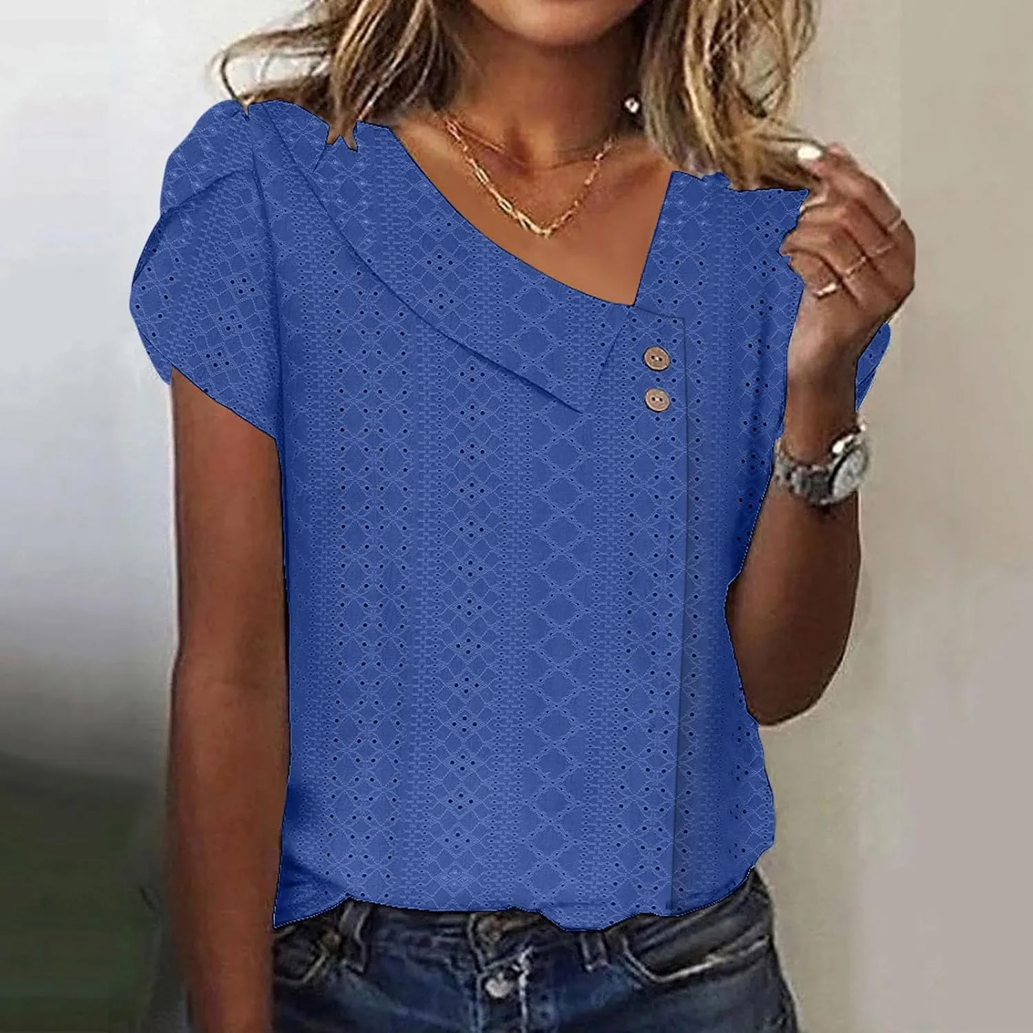 Womens Eyelet Tops Summer Casual Short Petal Sleeve Asymmetrical Neck Collared Button Front Blouses Hollow Out Tunic
