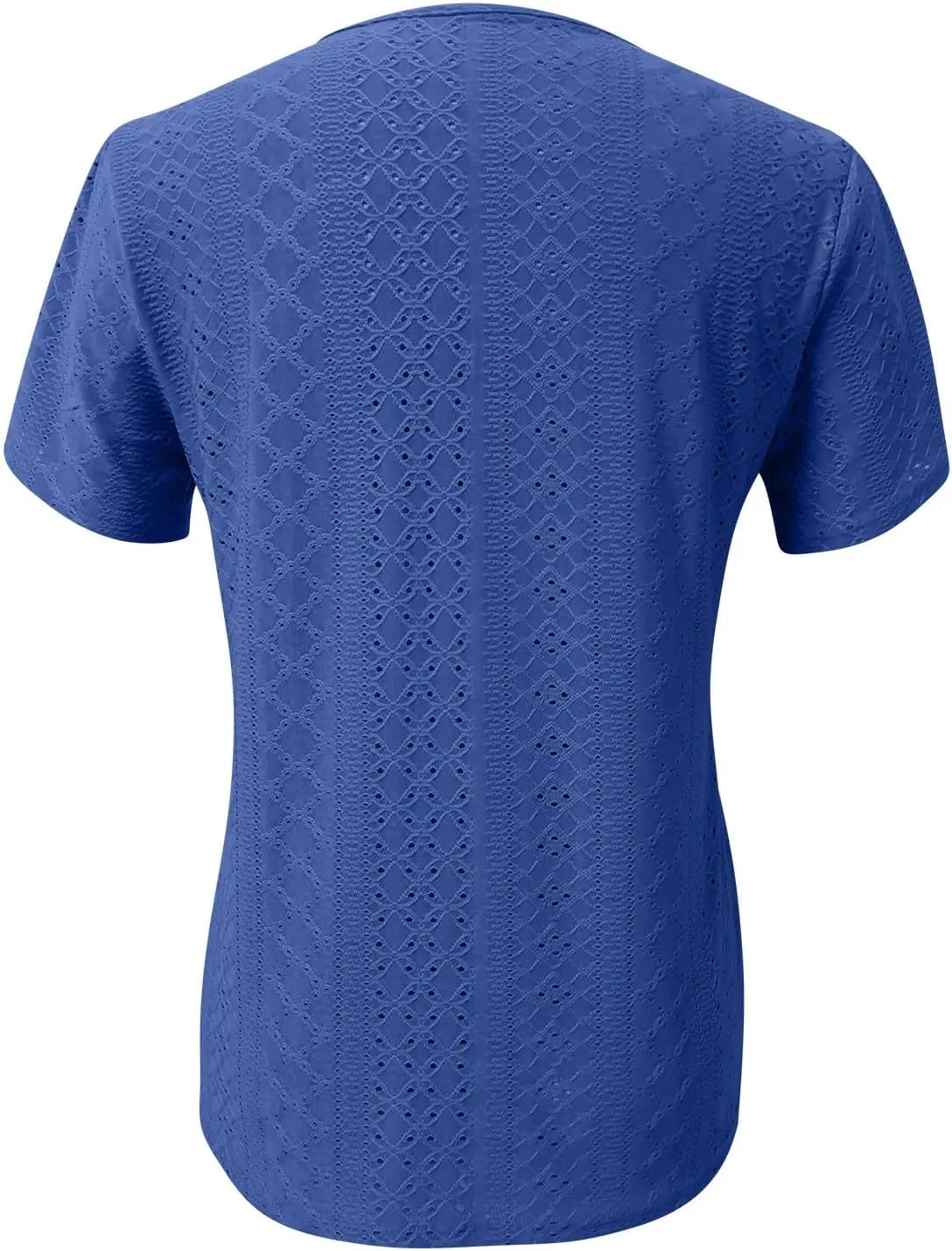 Womens Eyelet Tops Summer Casual Short Petal Sleeve Asymmetrical Neck Collared Button Front Blouses Hollow Out Tunic
