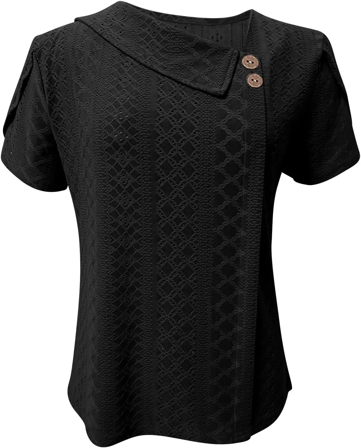Womens Eyelet Tops Summer Casual Short Petal Sleeve Asymmetrical Neck Collared Button Front Blouses Hollow Out Tunic