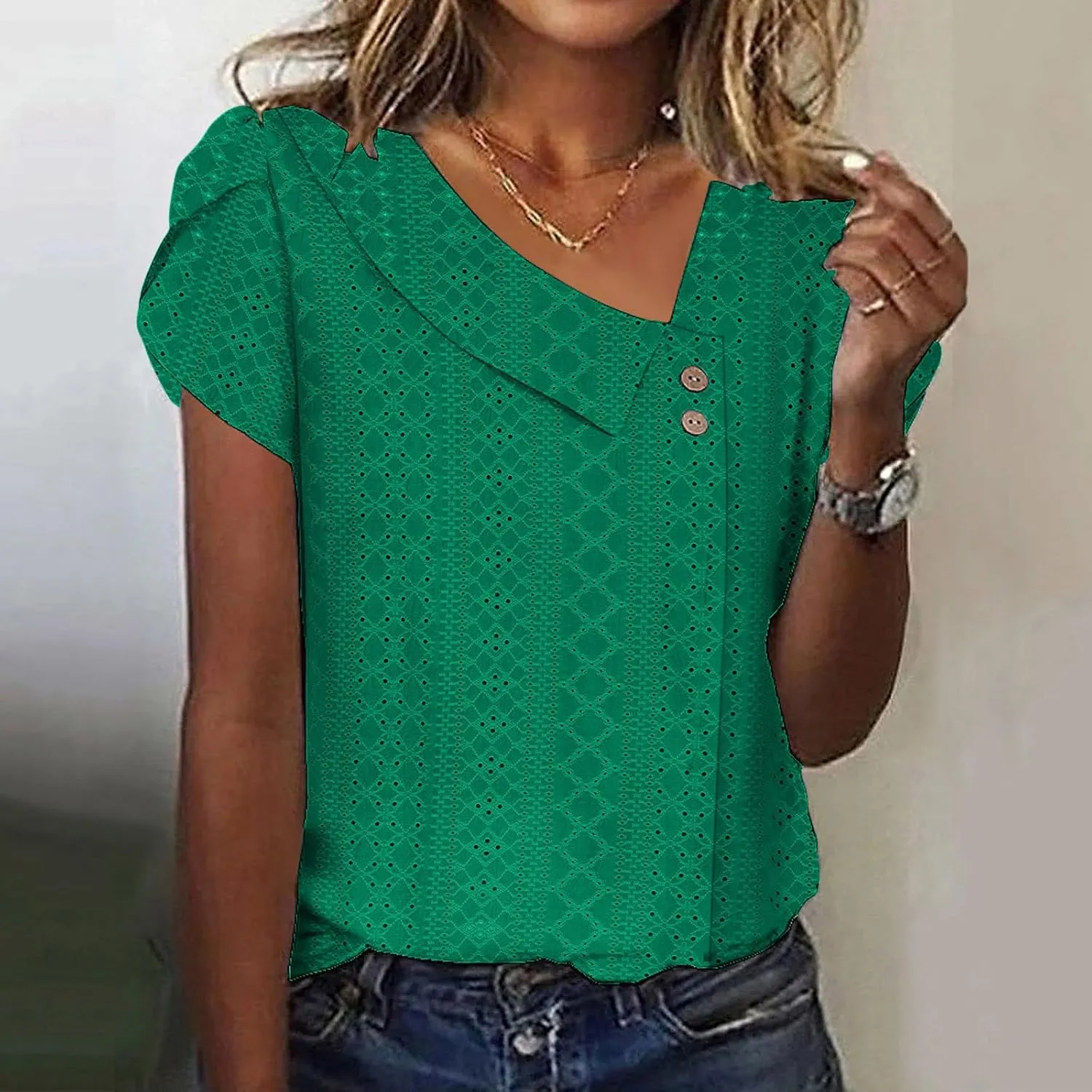 Womens Eyelet Tops Summer Casual Short Petal Sleeve Asymmetrical Neck Collared Button Front Blouses Hollow Out Tunic