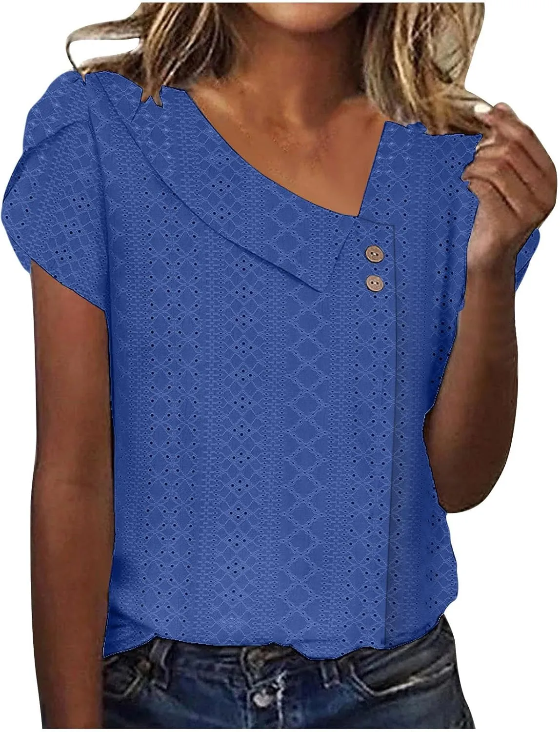 Womens Eyelet Tops Summer Casual Short Petal Sleeve Asymmetrical Neck Collared Button Front Blouses Hollow Out Tunic