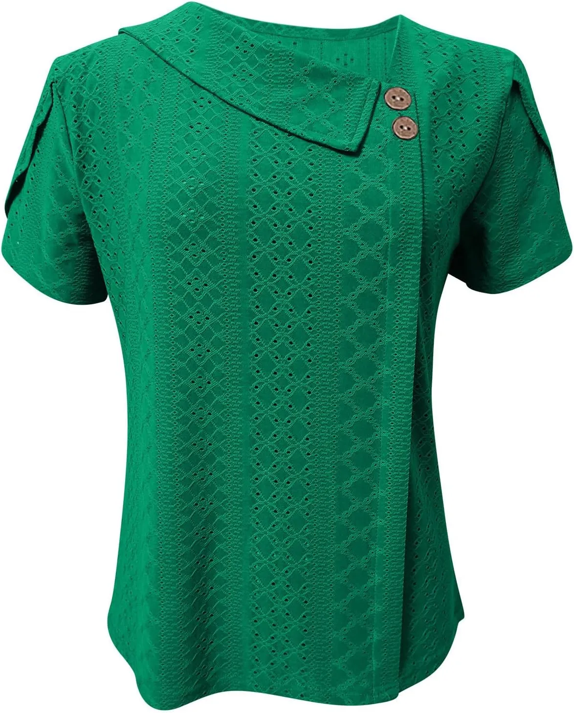 Womens Eyelet Tops Summer Casual Short Petal Sleeve Asymmetrical Neck Collared Button Front Blouses Hollow Out Tunic
