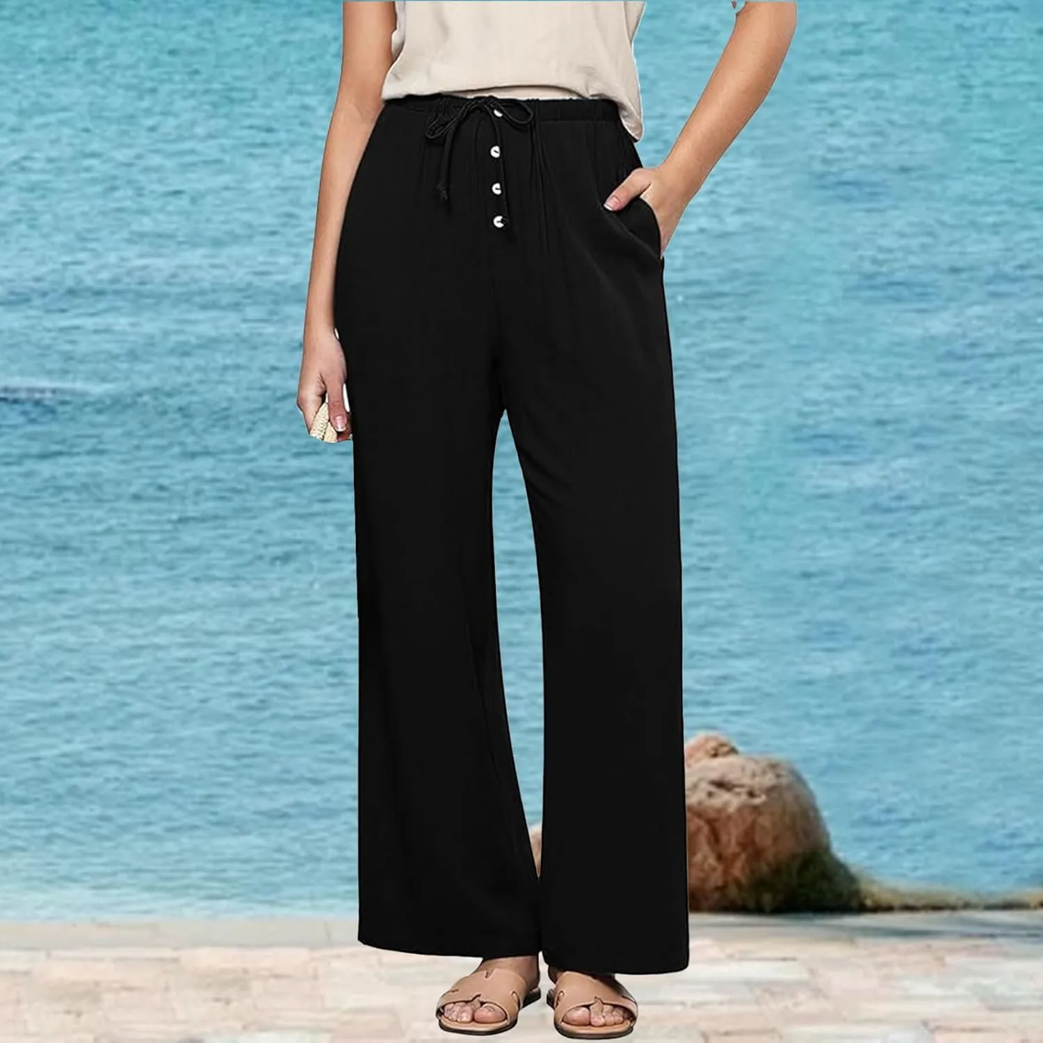 Womens Linen Pants Summer Lounge High Waisted Wide Leg Pants Casual Baggy Drawstring Straight Trousers with Pockets