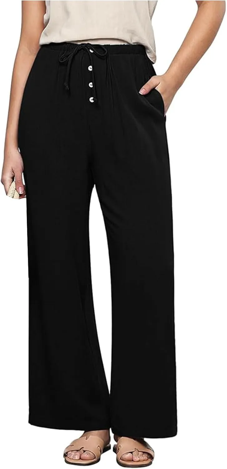 Womens Linen Pants Summer Lounge High Waisted Wide Leg Pants Casual Baggy Drawstring Straight Trousers with Pockets
