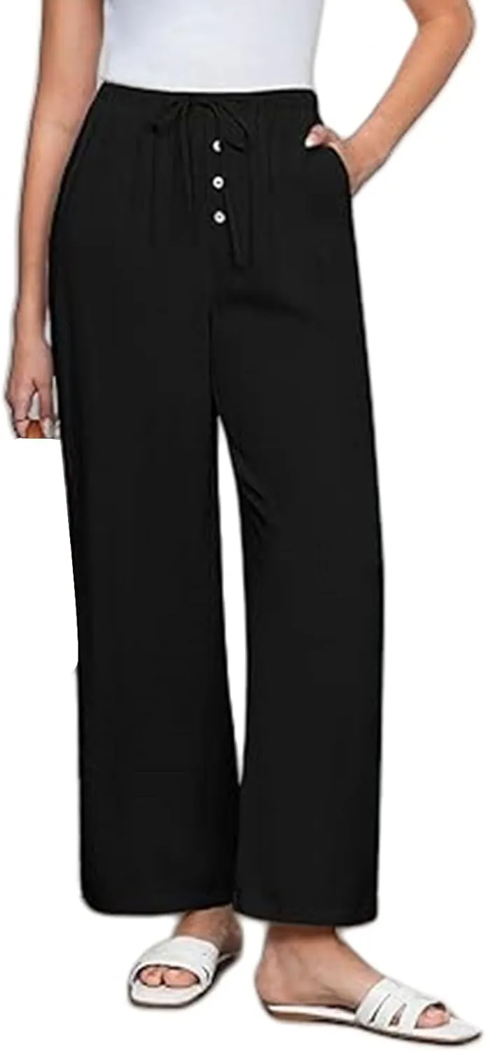Womens Linen Pants Summer Lounge High Waisted Wide Leg Pants Casual Baggy Drawstring Straight Trousers with Pockets