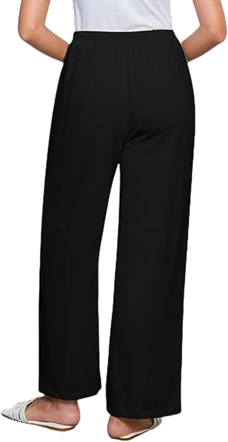 Womens Linen Pants Summer Lounge High Waisted Wide Leg Pants Casual Baggy Drawstring Straight Trousers with Pockets