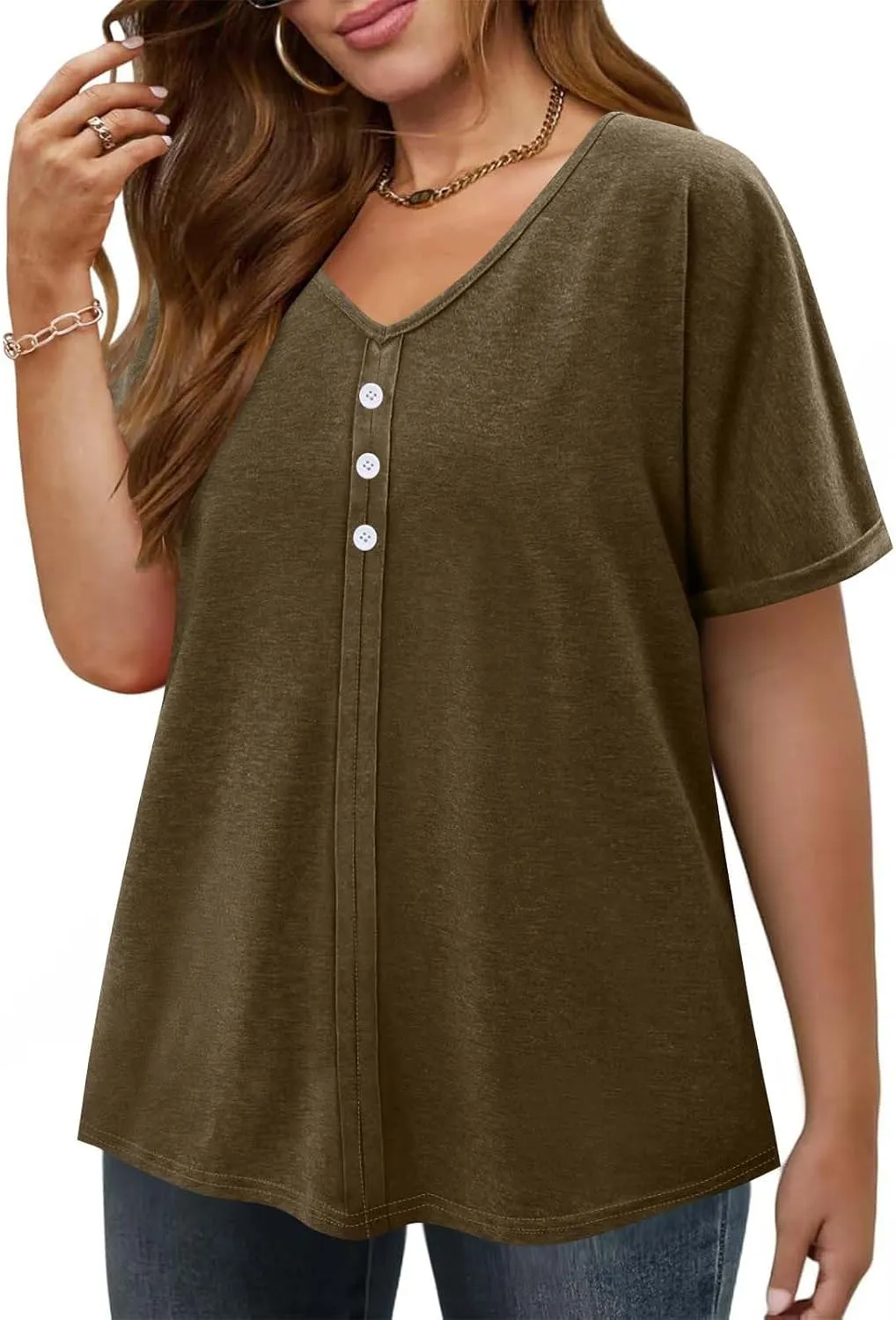 Womens Plus Size Tops Casual V Neck Short Sleeve Casual T Shirts Dressy Front Pleated Loose Basic Tunic Tees
