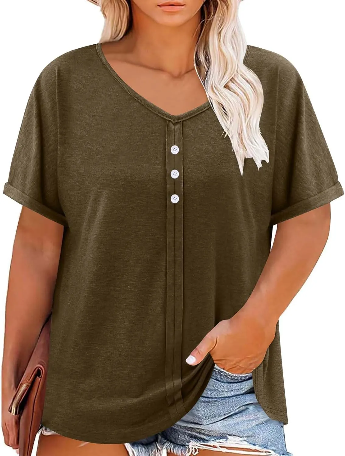 Womens Plus Size Tops Casual V Neck Short Sleeve Casual T Shirts Dressy Front Pleated Loose Basic Tunic Tees