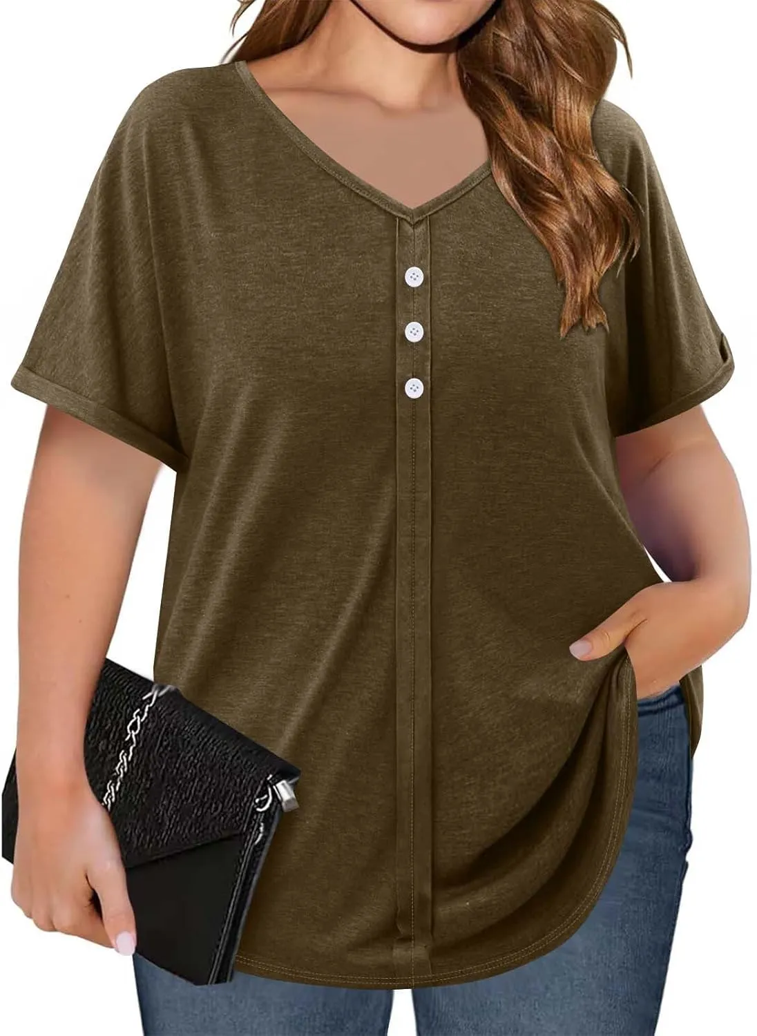 Womens Plus Size Tops Casual V Neck Short Sleeve Casual T Shirts Dressy Front Pleated Loose Basic Tunic Tees