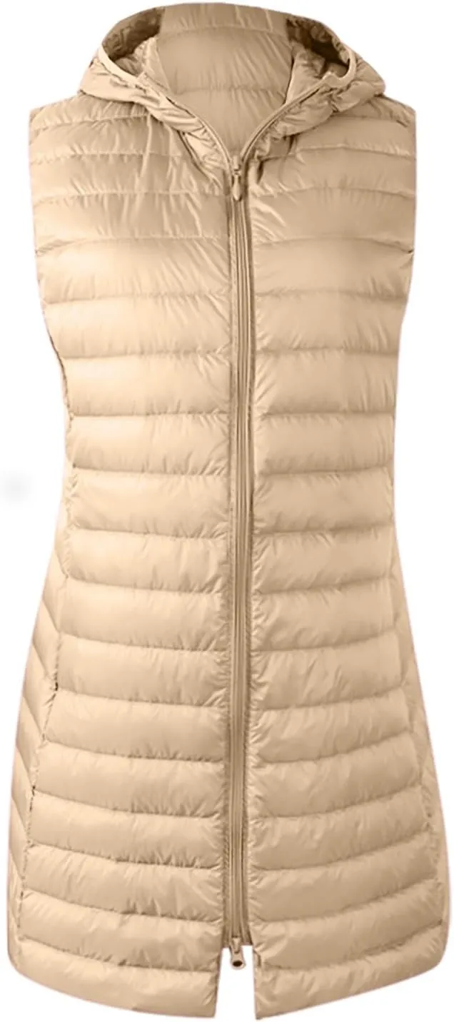 Womens Puffer Vest 2024 Lightweight Quilted Jacket Long Winter Sleeveless Slim Fit Hooded Zip Thicken Warm Down Coats