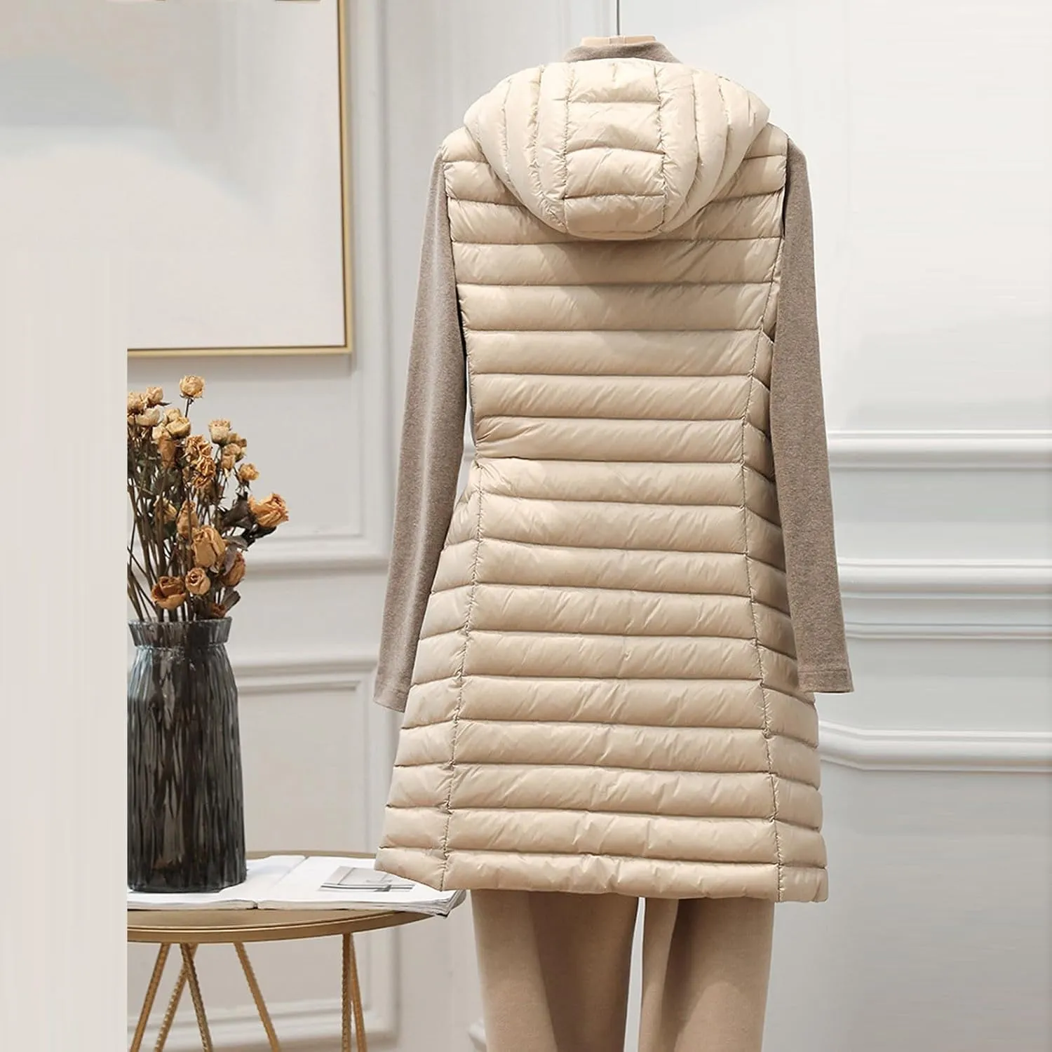 Womens Puffer Vest 2024 Lightweight Quilted Jacket Long Winter Sleeveless Slim Fit Hooded Zip Thicken Warm Down Coats