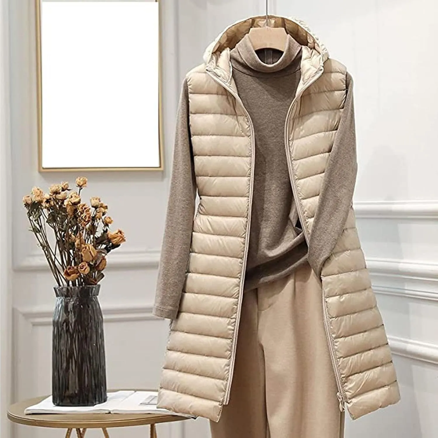 Womens Puffer Vest 2024 Lightweight Quilted Jacket Long Winter Sleeveless Slim Fit Hooded Zip Thicken Warm Down Coats