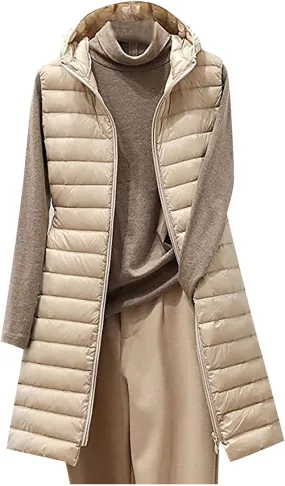 Womens Puffer Vest 2024 Lightweight Quilted Jacket Long Winter Sleeveless Slim Fit Hooded Zip Thicken Warm Down Coats