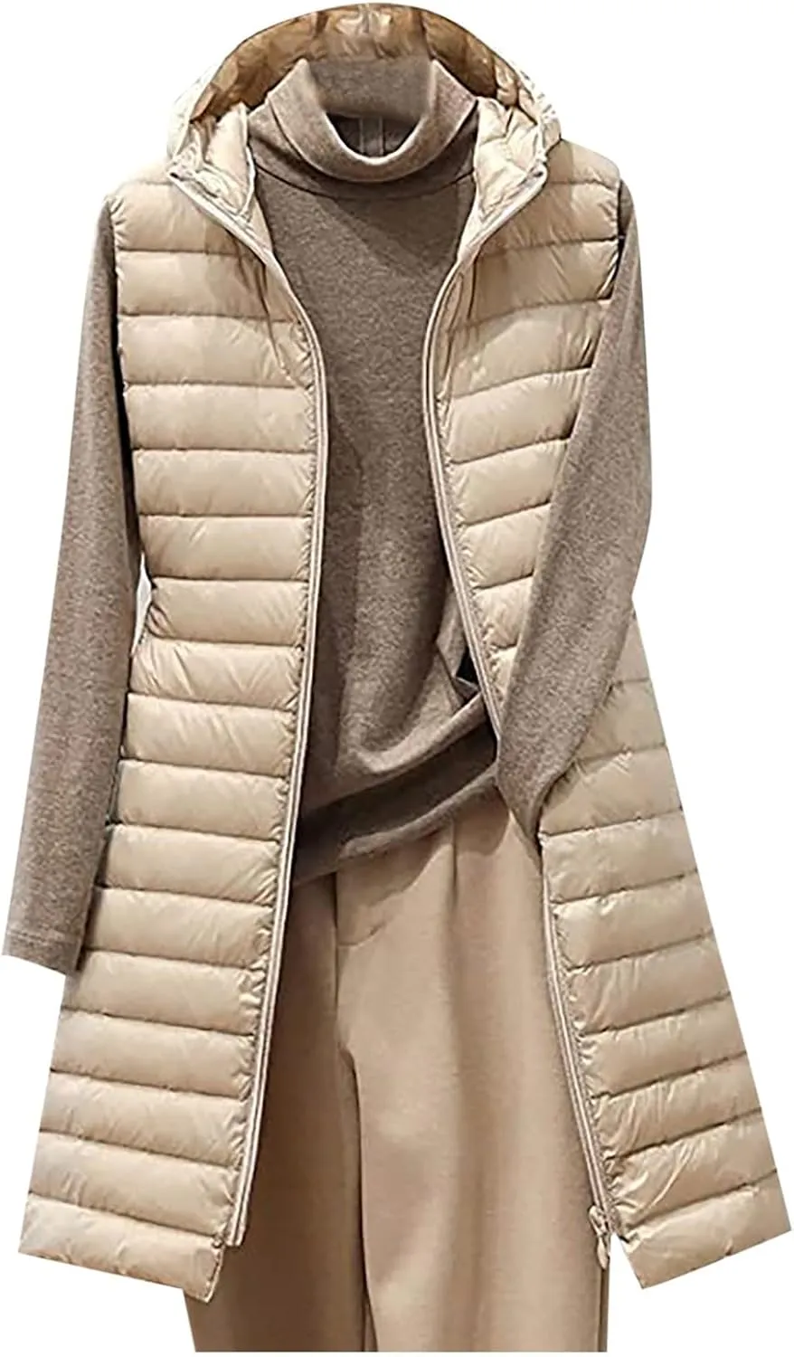 Womens Puffer Vest 2024 Lightweight Quilted Jacket Long Winter Sleeveless Slim Fit Hooded Zip Thicken Warm Down Coats