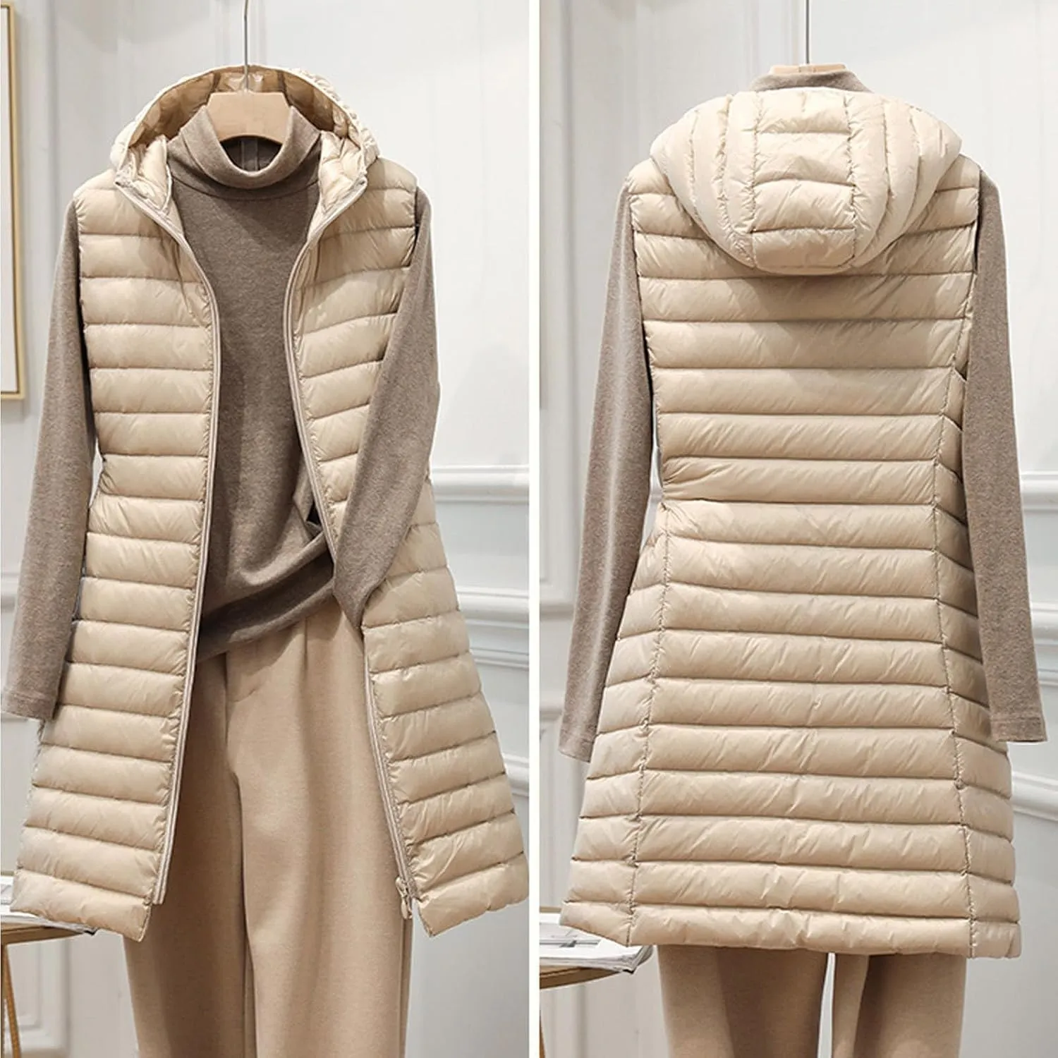 Womens Puffer Vest 2024 Lightweight Quilted Jacket Long Winter Sleeveless Slim Fit Hooded Zip Thicken Warm Down Coats