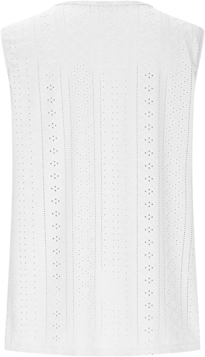 Womens Tank Tops Casual Loose Fit Button Down Eyelet Shirts Embroidered Peasant Boho Clothes Fashion Summer Outfits