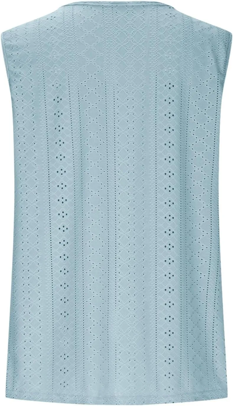 Womens Tank Tops Casual Loose Fit Button Down Eyelet Shirts Embroidered Peasant Boho Clothes Fashion Summer Outfits
