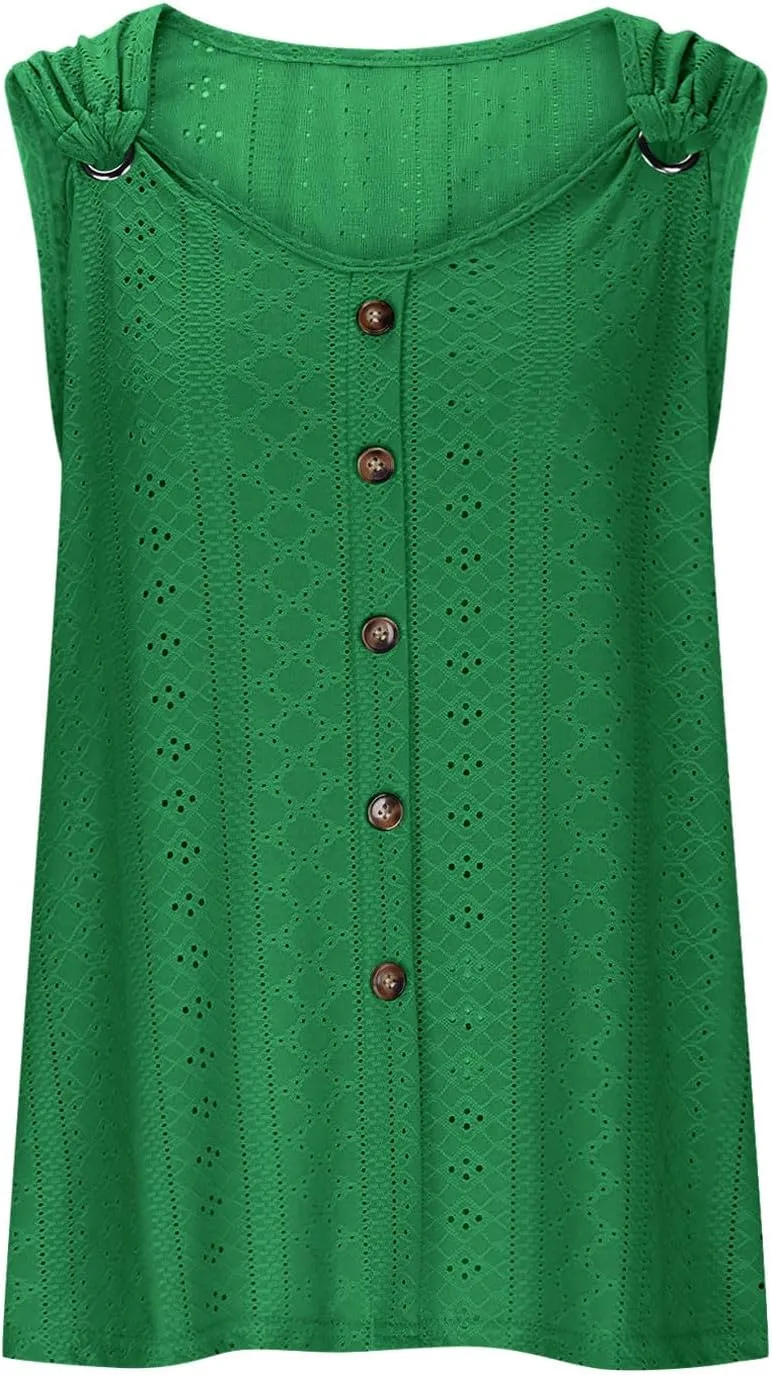 Womens Tank Tops Casual Loose Fit Button Down Eyelet Shirts Embroidered Peasant Boho Clothes Fashion Summer Outfits