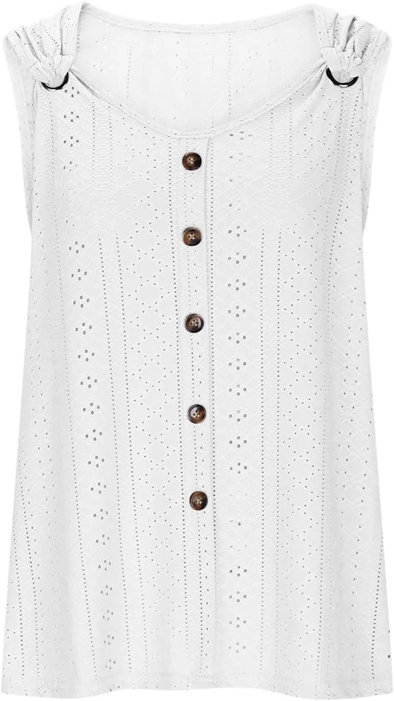 Womens Tank Tops Casual Loose Fit Button Down Eyelet Shirts Embroidered Peasant Boho Clothes Fashion Summer Outfits