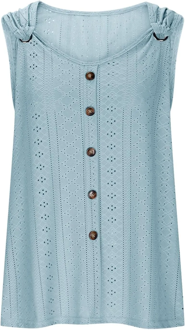 Womens Tank Tops Casual Loose Fit Button Down Eyelet Shirts Embroidered Peasant Boho Clothes Fashion Summer Outfits