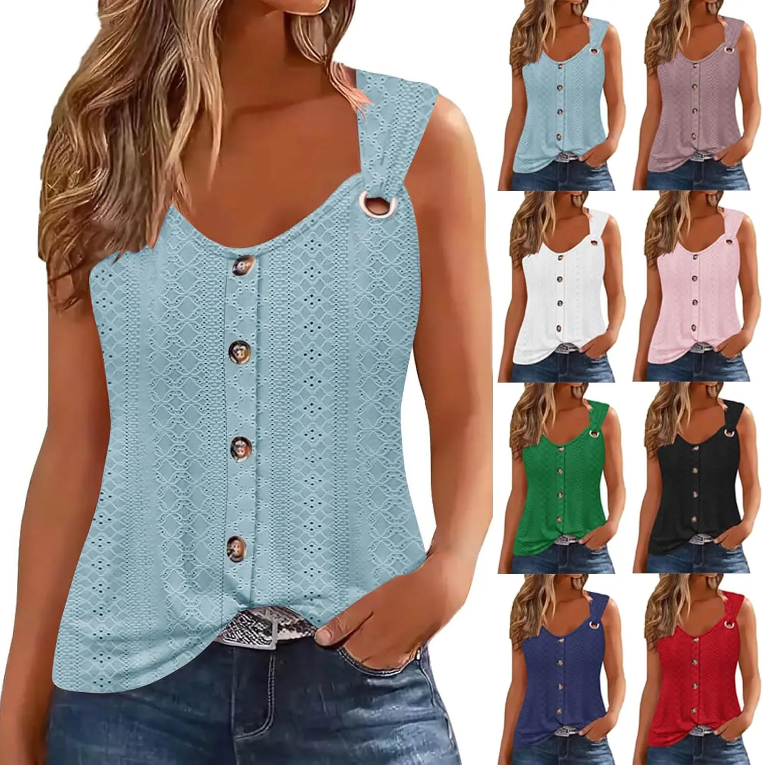 Womens Tank Tops Casual Loose Fit Button Down Eyelet Shirts Embroidered Peasant Boho Clothes Fashion Summer Outfits
