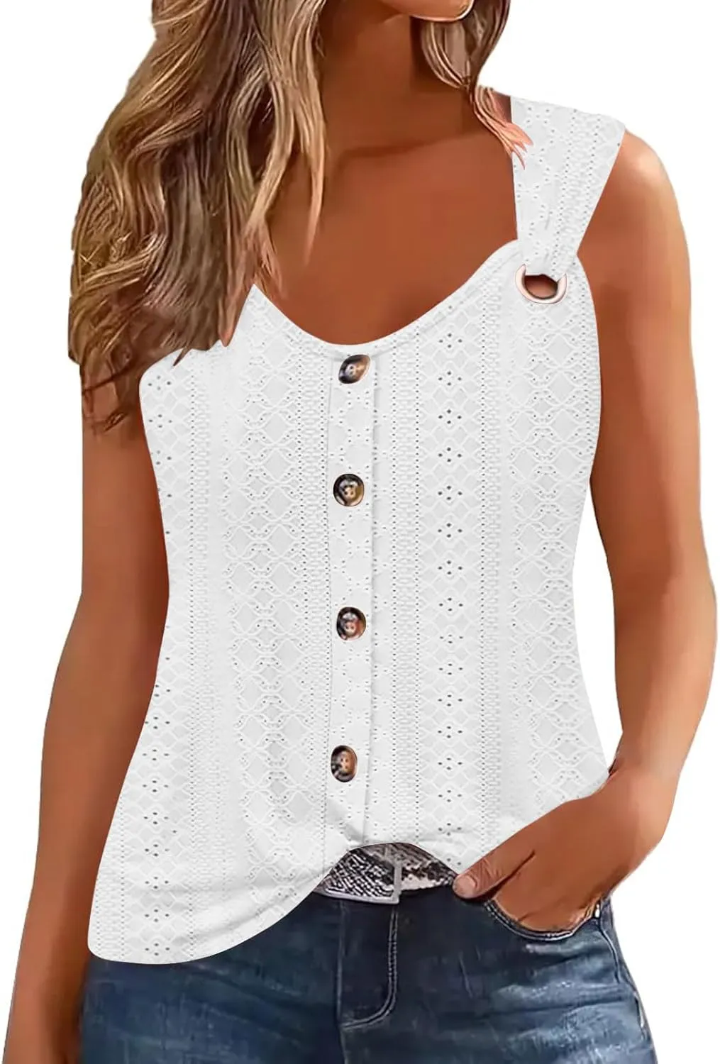 Womens Tank Tops Casual Loose Fit Button Down Eyelet Shirts Embroidered Peasant Boho Clothes Fashion Summer Outfits