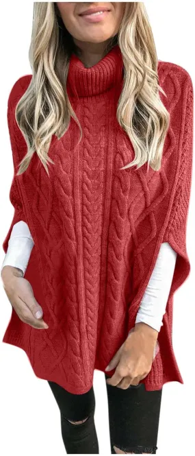 Women's Turtleneck Sweaters Chunky Cable Knit Pullover 2023 Fall Fashion Side Slit Poncho Sweater Shawl Top