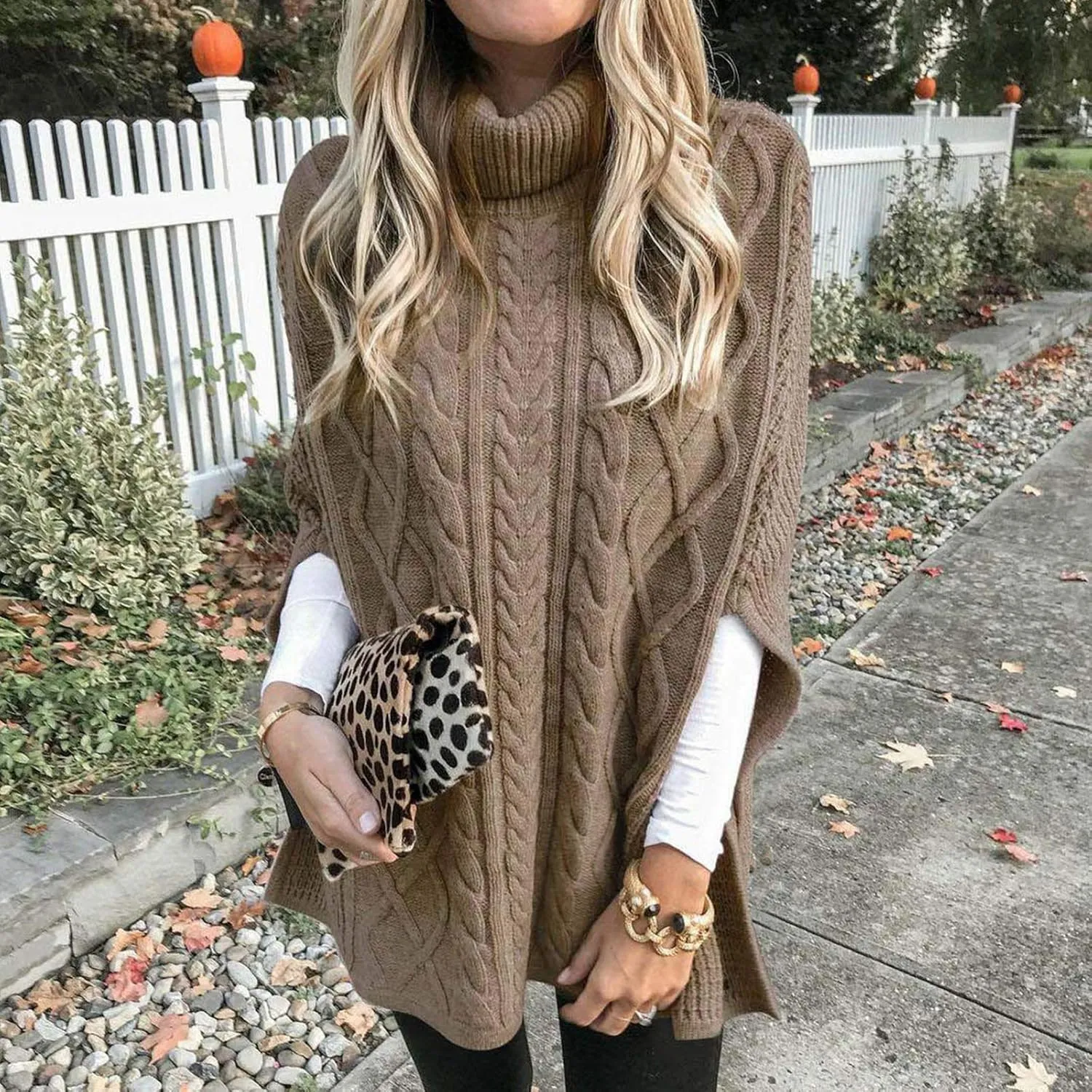Women's Turtleneck Sweaters Chunky Cable Knit Pullover 2023 Fall Fashion Side Slit Poncho Sweater Shawl Top