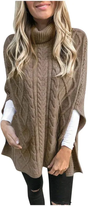 Women's Turtleneck Sweaters Chunky Cable Knit Pullover 2023 Fall Fashion Side Slit Poncho Sweater Shawl Top