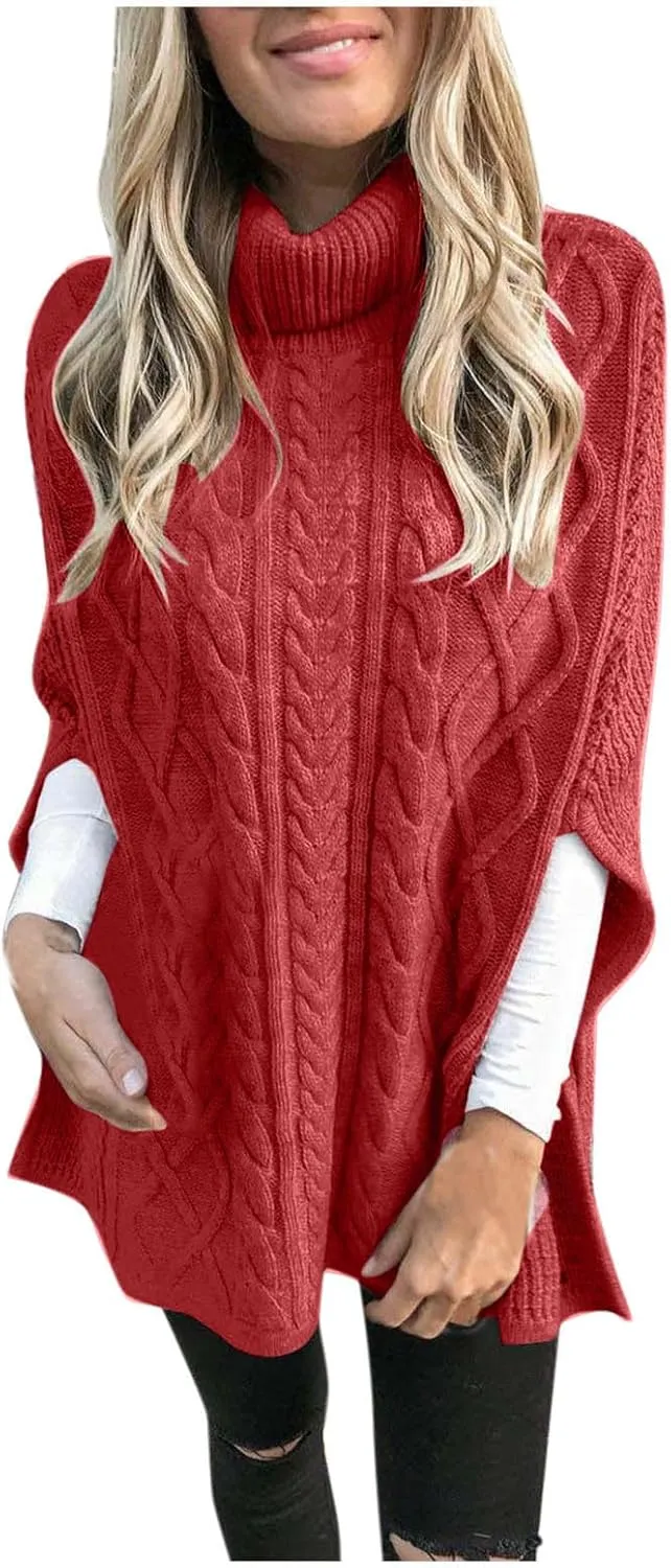 Women's Turtleneck Sweaters Chunky Cable Knit Pullover 2023 Fall Fashion Side Slit Poncho Sweater Shawl Top