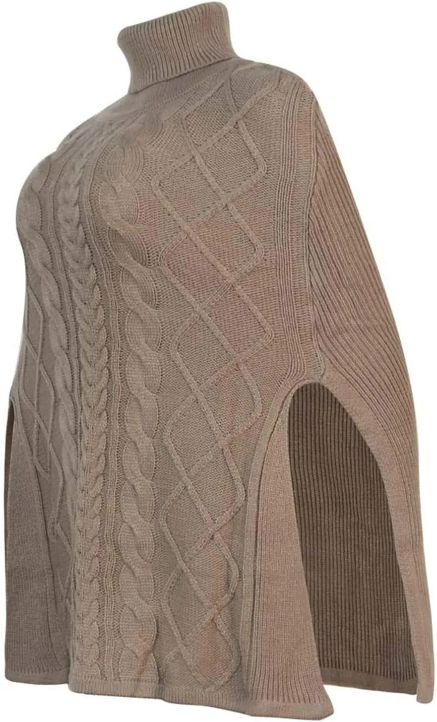 Women's Turtleneck Sweaters Chunky Cable Knit Pullover 2023 Fall Fashion Side Slit Poncho Sweater Shawl Top