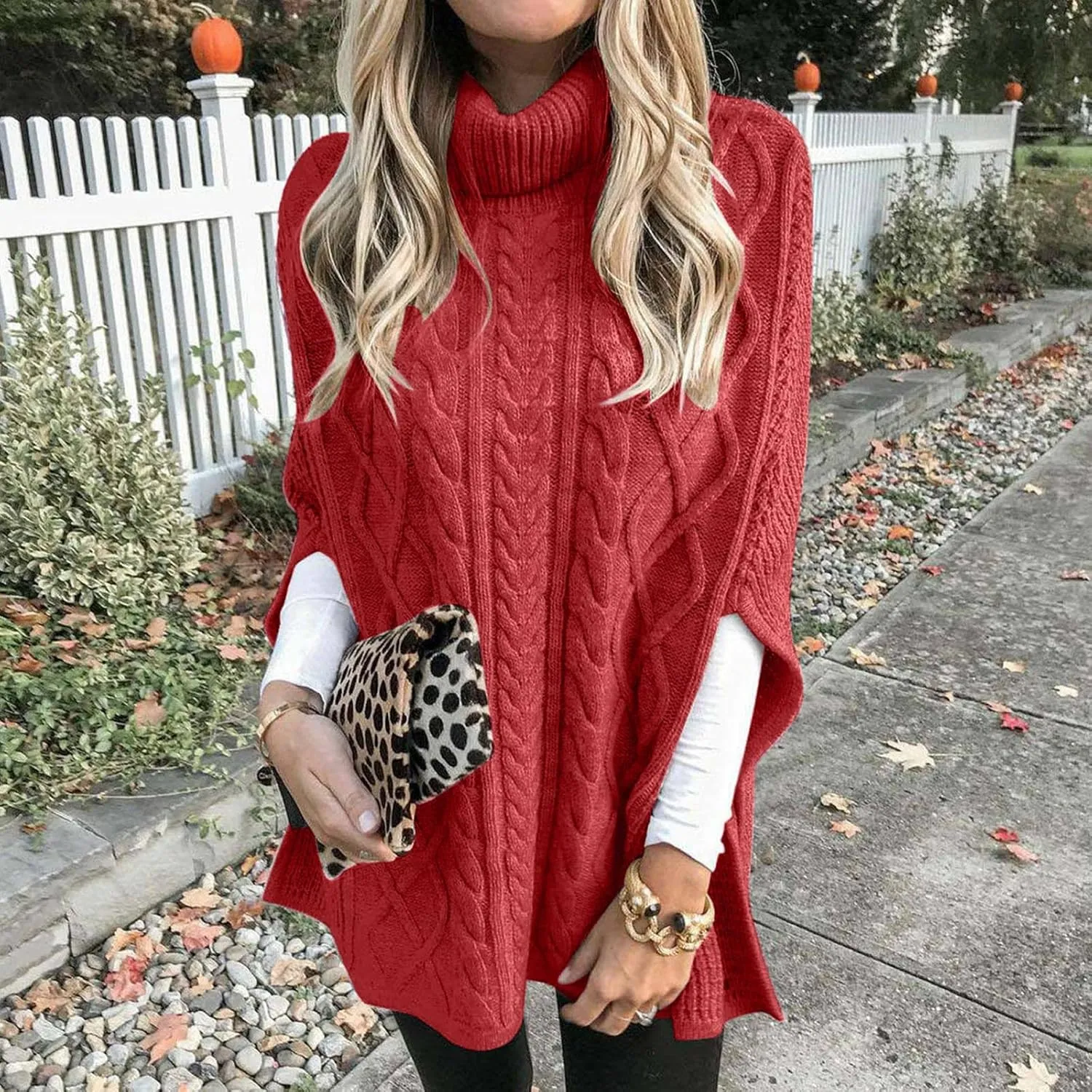 Women's Turtleneck Sweaters Chunky Cable Knit Pullover 2023 Fall Fashion Side Slit Poncho Sweater Shawl Top