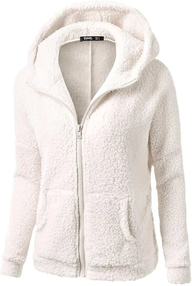XUETON Womens Winter Warm Fleece Hoodie Jacket Coat Sherpa Lined Faux Fuzzy Long Sleeve Casual Zip Up Hooded Bomber Coat White